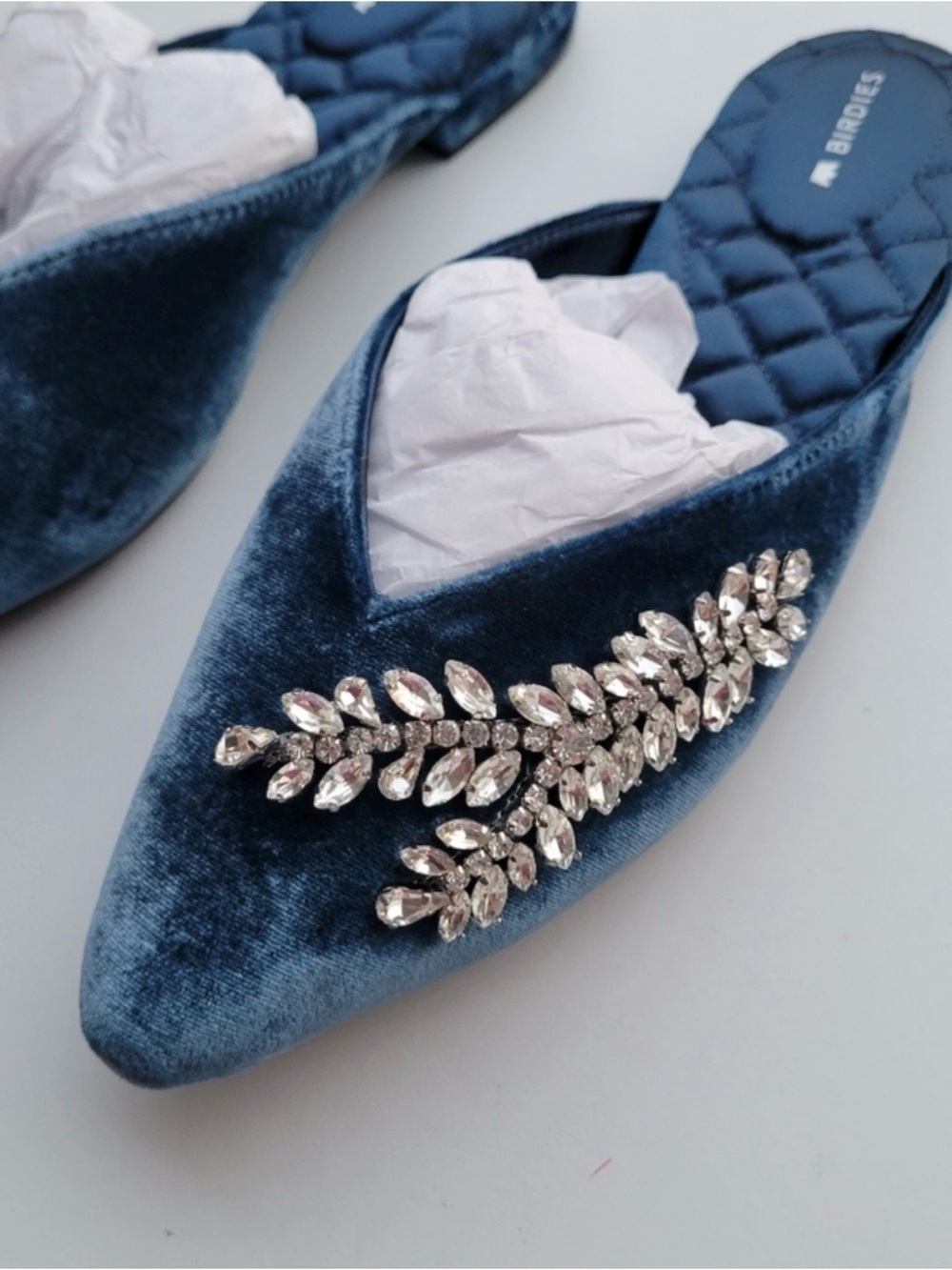 Birdies The Swan Mule Blue Velvet Pointed-Toe Mules with Crystal Embellishment - Picture 4 of 8